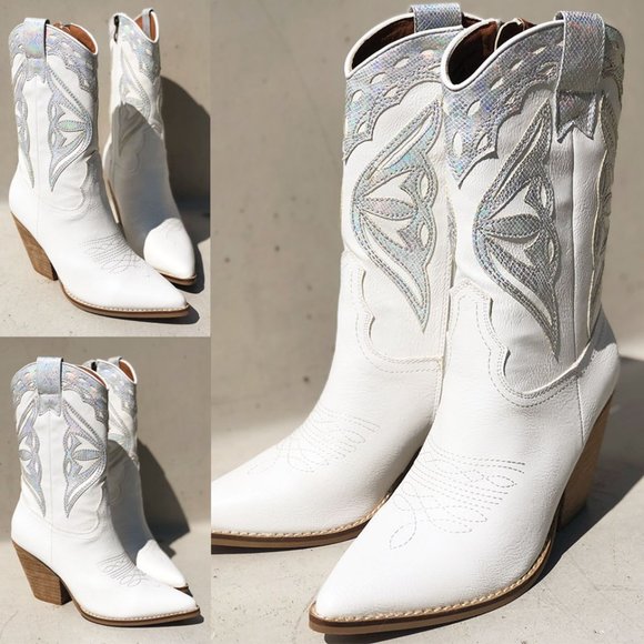 White Iridescent Metallic Applique Pointy Toe Block Heel Cowgirl Western Boots - Picture 4 of 15